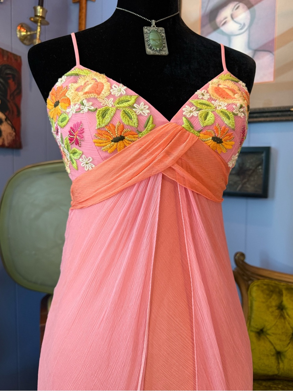 Vintage Y2K Laundry By Shelli Segal Floral 100% Silk Fairycore Dress Size 8 - Picture 4 of 8
